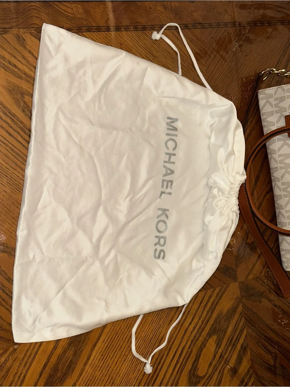 Michael Kors Cream Logo Satchel with Brown Leather Trim and Gold Hardware